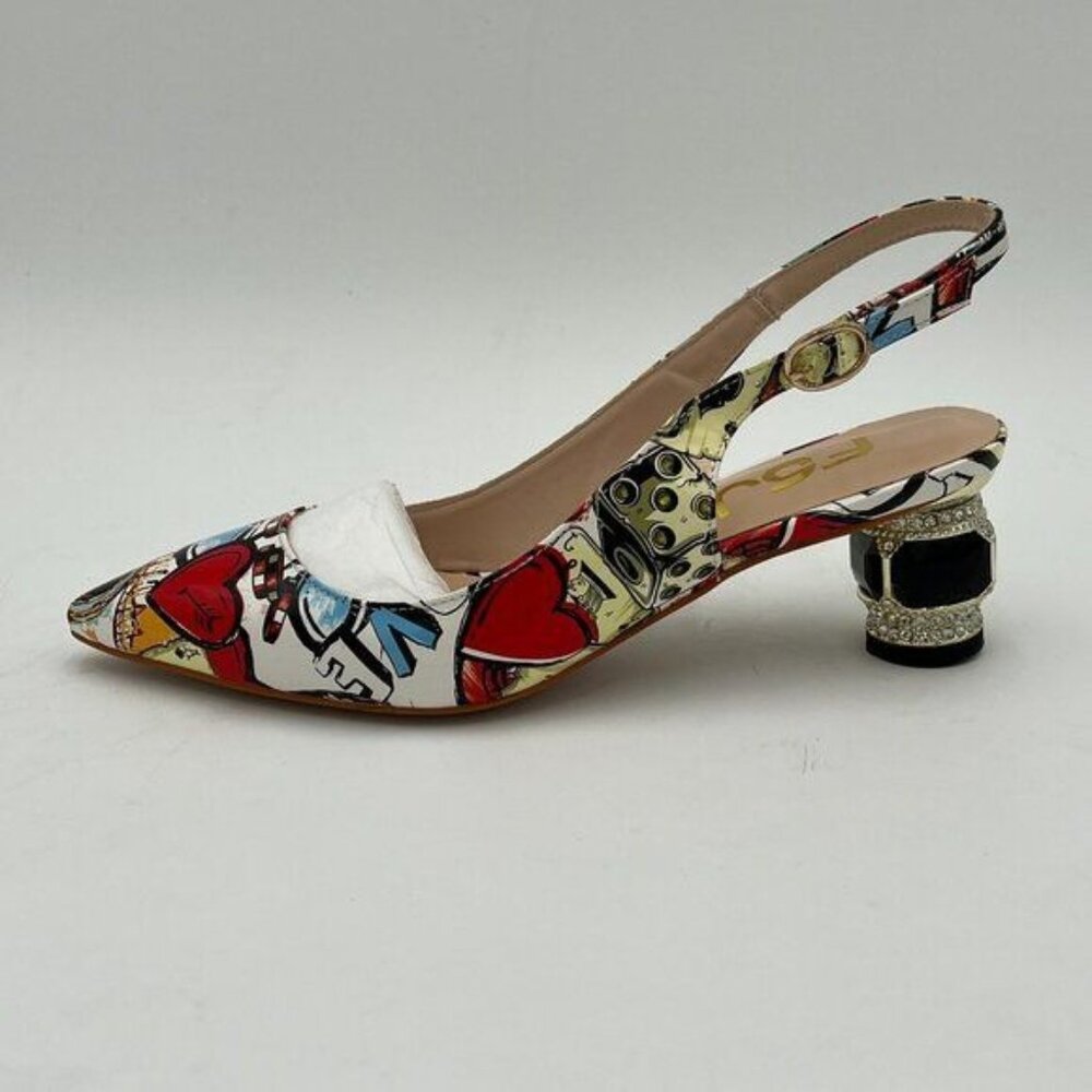 FSJ Cartoon Pointed Toe Slingback Wedding Chunky Low Heel Rhinestone Sandals